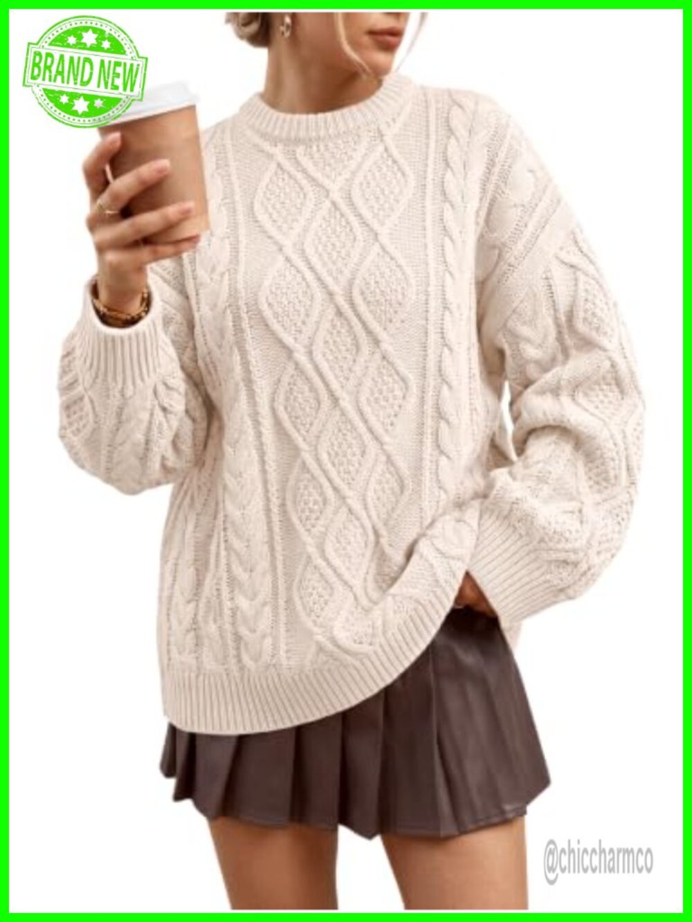 Oversized Cable Knit Sweater Cotton Acrylic Crew Neck Pullover